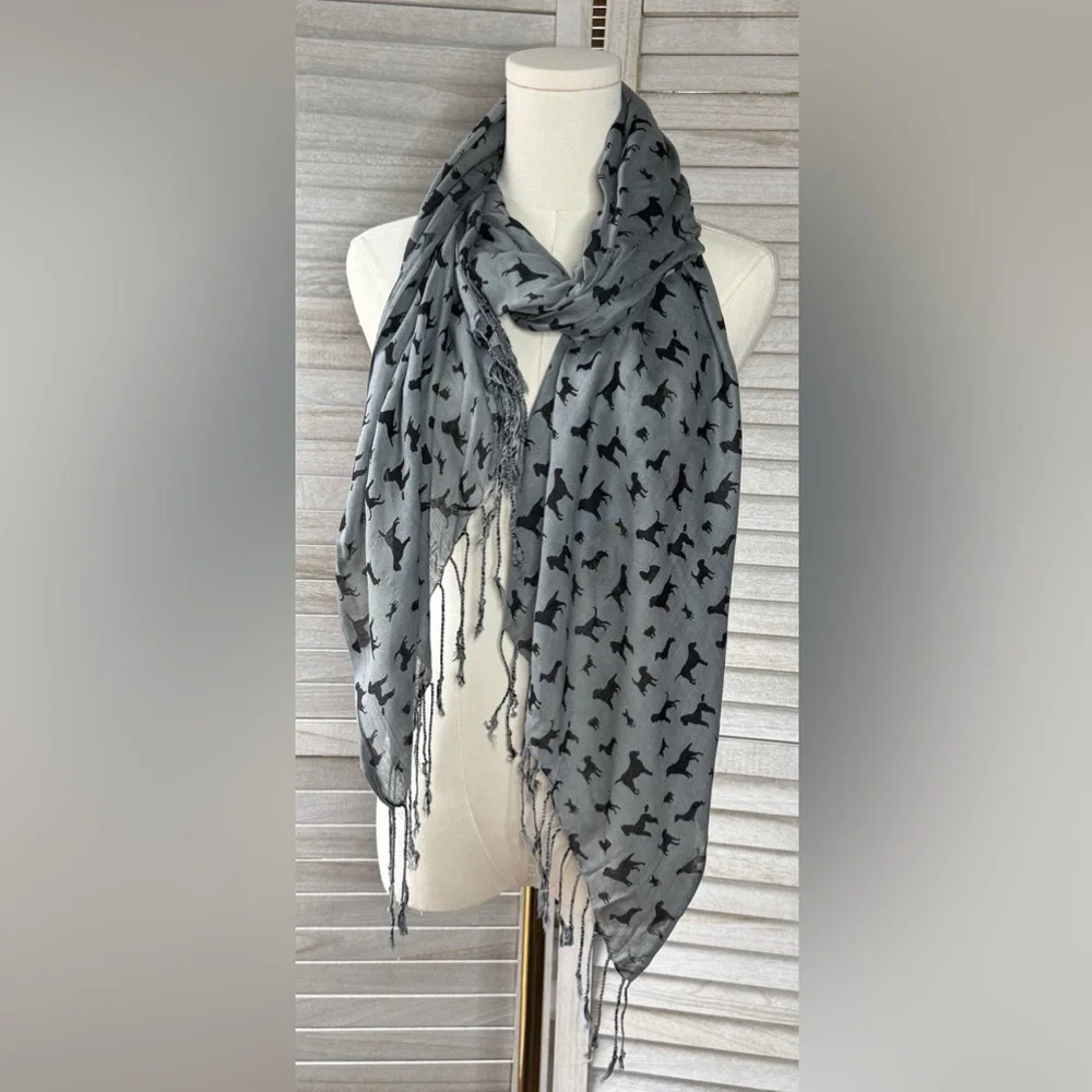 Dog Speak Gray Scarf Black Dog Print Fringe Wrap OS Cute Cozy Gift Trendy
